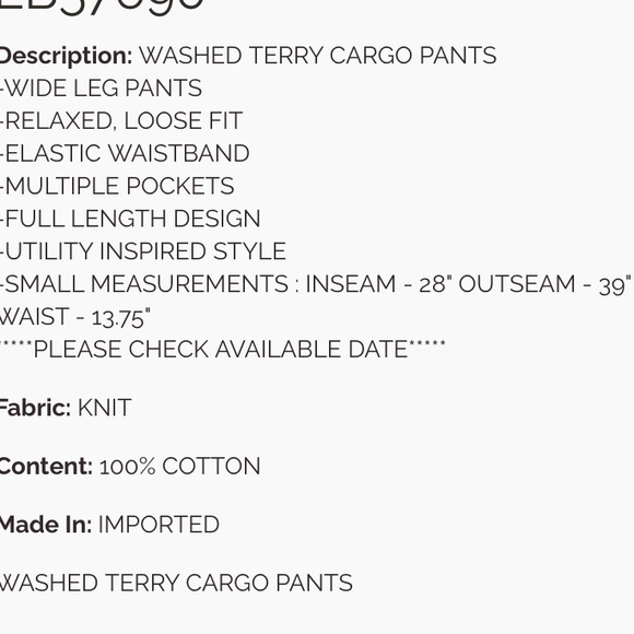 96 ❤️ EASEL WASHED TERRY CARGO PANTS - Picture 5 of 5